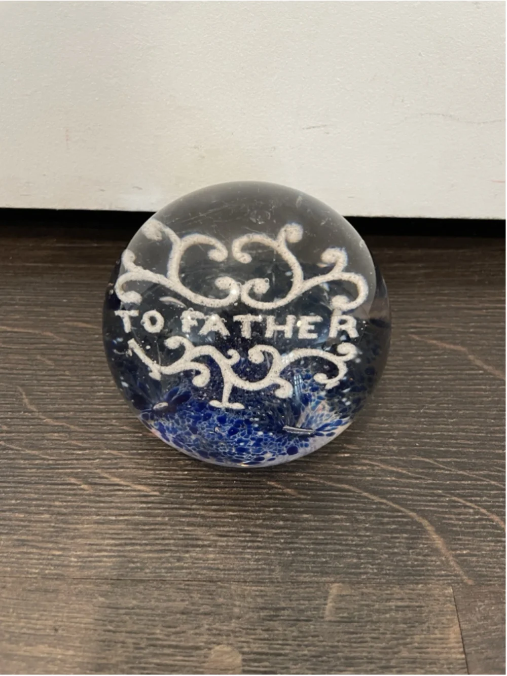 Hand Blown Art Glass Paperweight Vintage To Father Blue Bubbles
